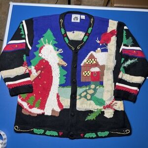 Handknits by Storybook Knits Christmas Santa Theme Button Front Cardigan Sweater